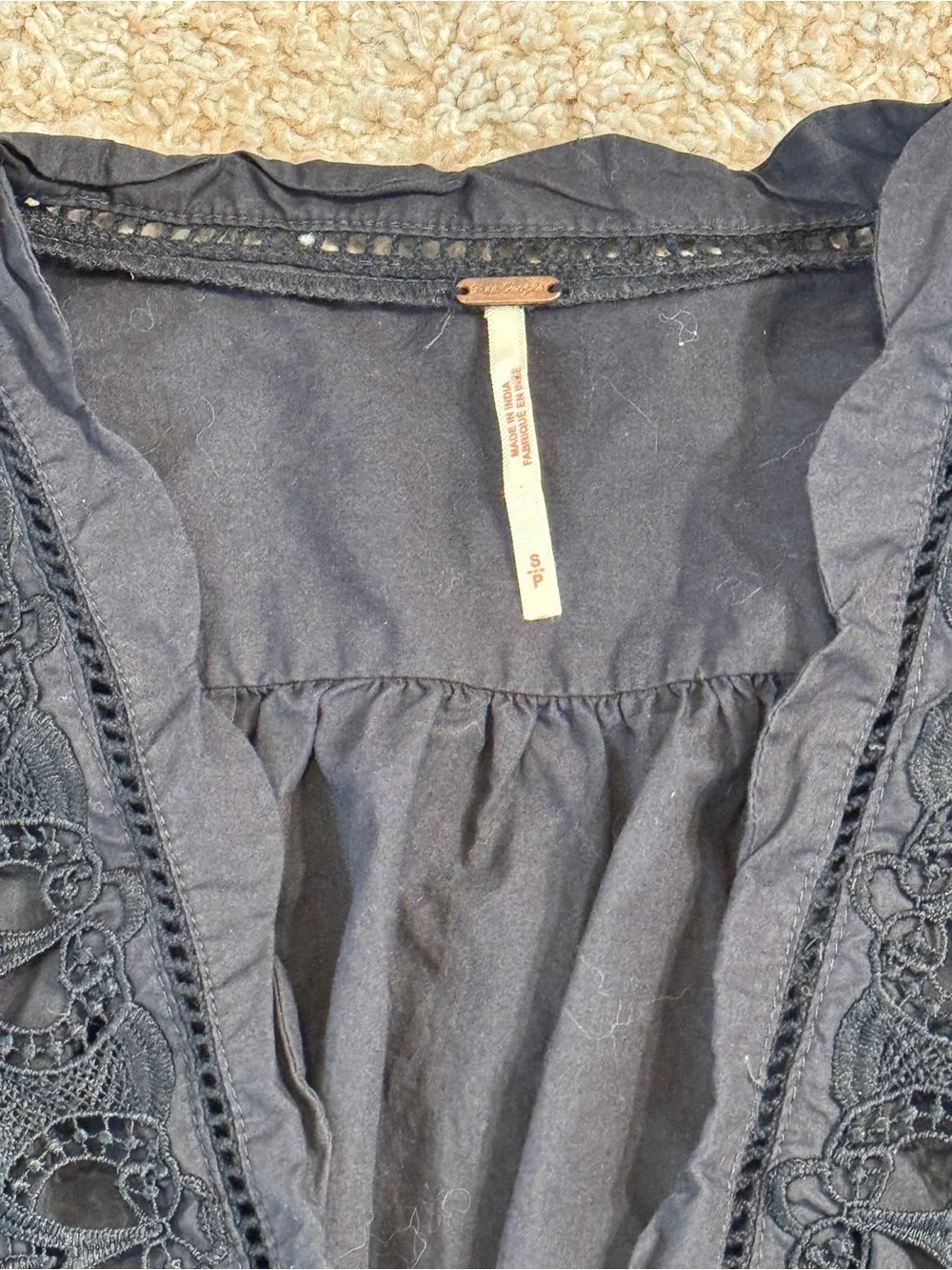 Free People Black Louella Embroidered Crochet Cropped Cotton Black Top Size S